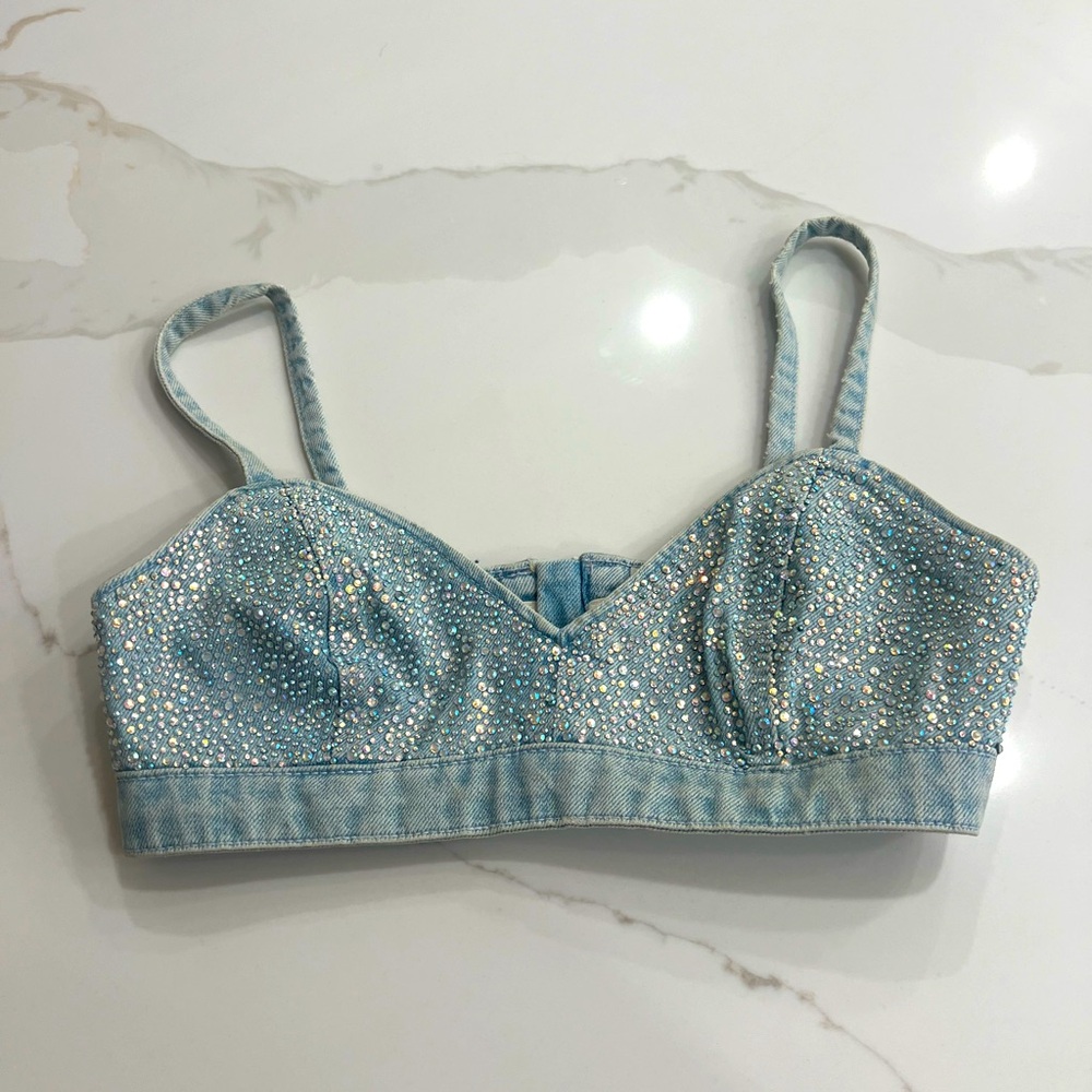 TopShop Bejeweled Denim crop top XS
